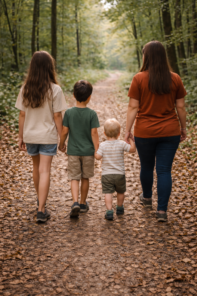 Mutter begleitet ihre Kinder achtsam im Alltag